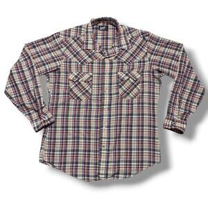 Vintage 70s Levi’s Western Pearl Snap Shirt Plaid Blue Tab Western USA Made XL